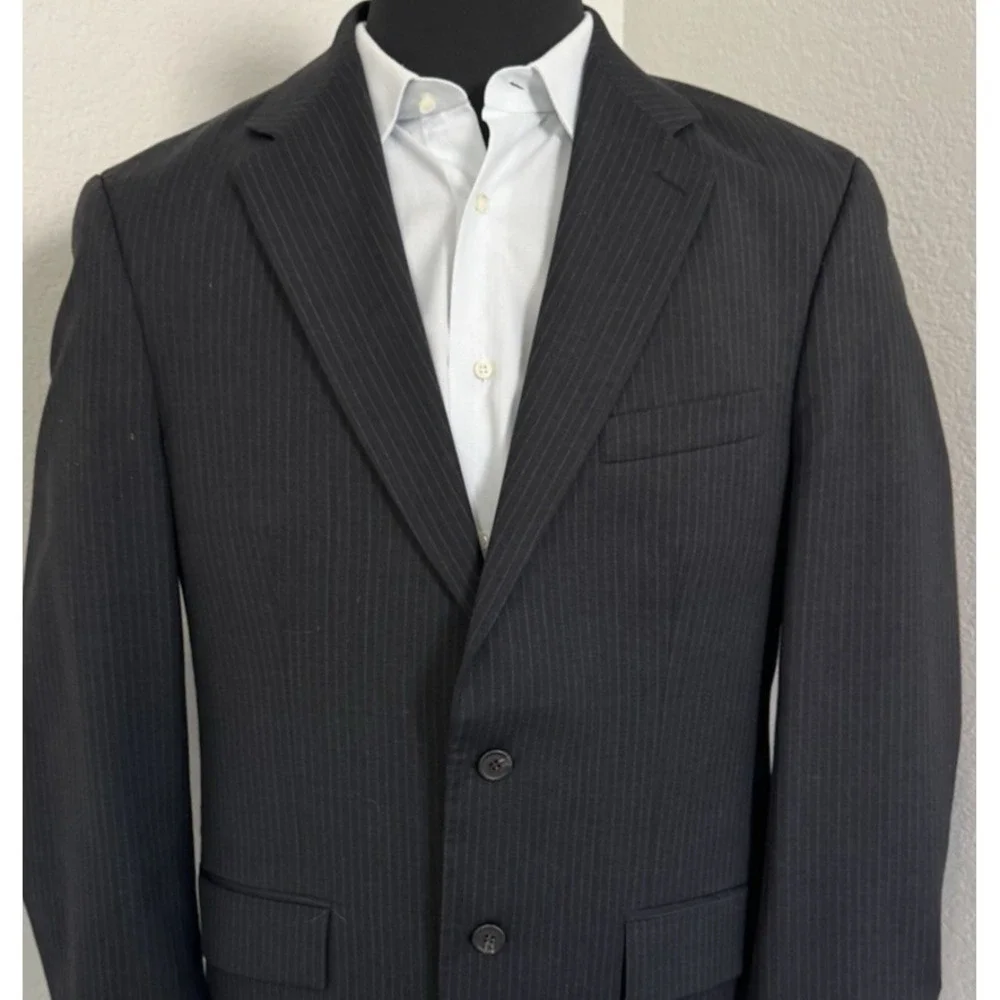 Lauren‎ Ralph Lauren Blazer Mens 42T Wool Cashmere Black Blue Pinstripe